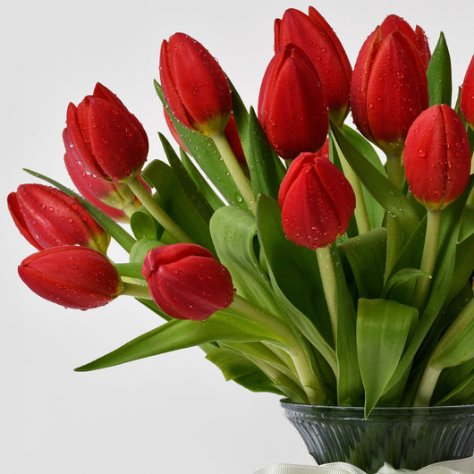30 RED TULIPS IN A VASE