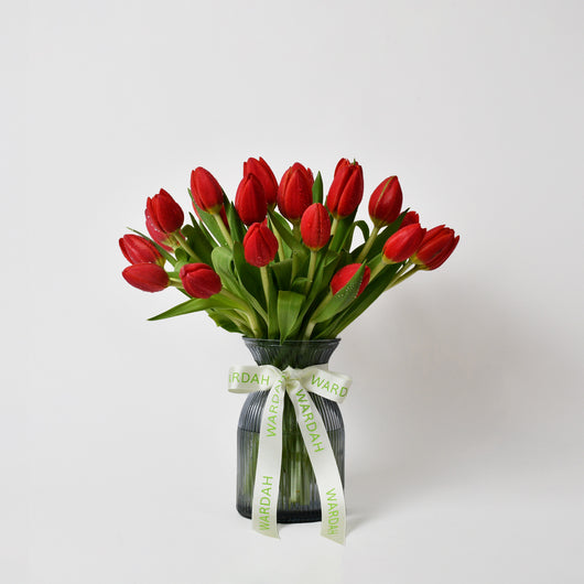 30 RED TULIPS IN A VASE