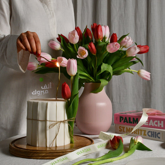 red & pink tulip with cake