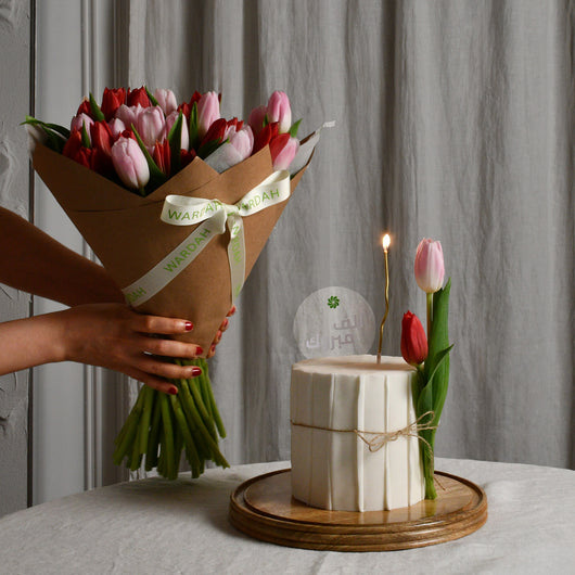 red & pink tulip with cake