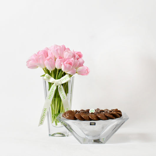 BOHEMIA VASE WITH TULIPS and chocolate bowl
