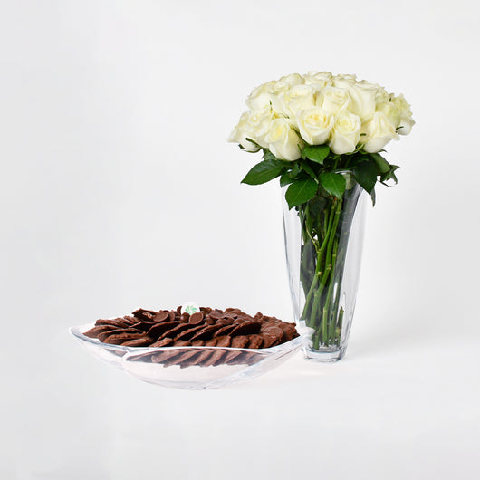 OTTOMAN BOHEMIA VASE WITH WHITE ROSES AND CHOCOLATE