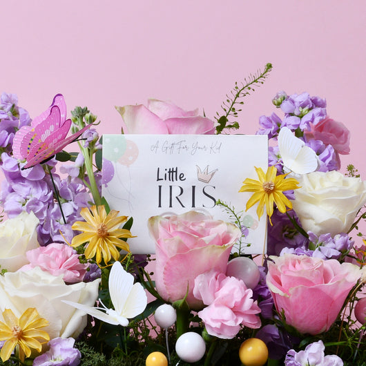 little iris gift card with arrangement flowers in a box