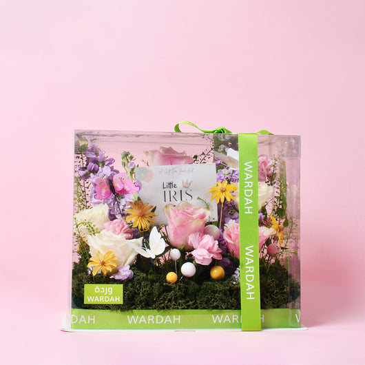 little iris gift card with arrangement flowers in a box