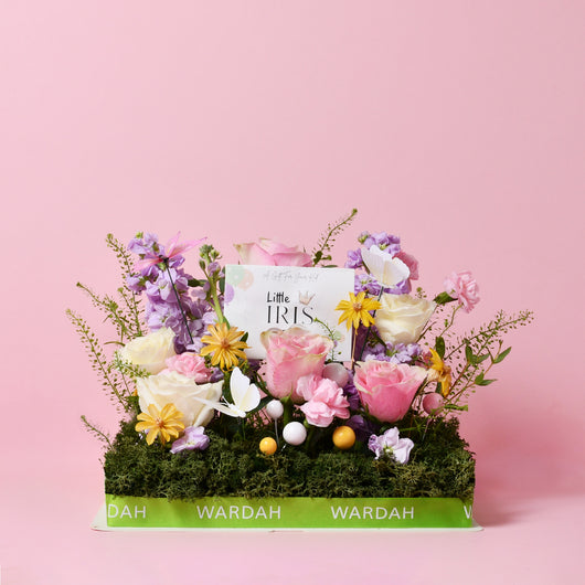 little iris gift card with arrangement flowers in a box