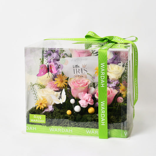 little iris gift card with arrangement flowers in a box